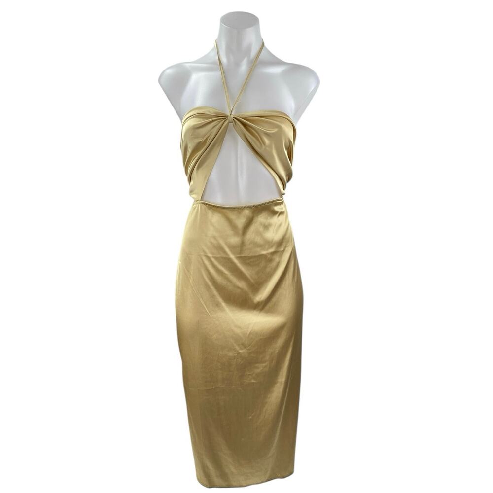 Danielle Bernstein Gold Yellow Silk Satin Halter Cutout Pencil Midi Dress Size L - Picture 2 of 5
